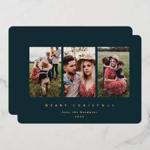 Tarjeta Festiva Con Relieve Metalizado Elegante Minimal Marco Verde Oscuro Triple Foto