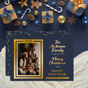Tarjeta Festiva Con Relieve Metalizado Elegante Minimalista   Estrellas   Foto Feliz Navi
