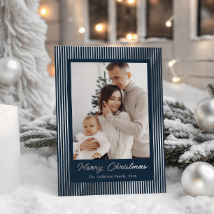 Tarjeta Festiva Con Relieve Metalizado Elegante Minimalista Rayada Navidad Azul Marino