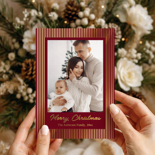Tarjeta Festiva Con Relieve Metalizado Elegante Minimalista Rayada Roja Dorada Navidad