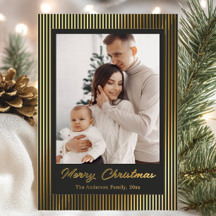 Tarjeta Festiva Con Relieve Metalizado Elegante Minimalista Rayas Negras Navidad Fiesta