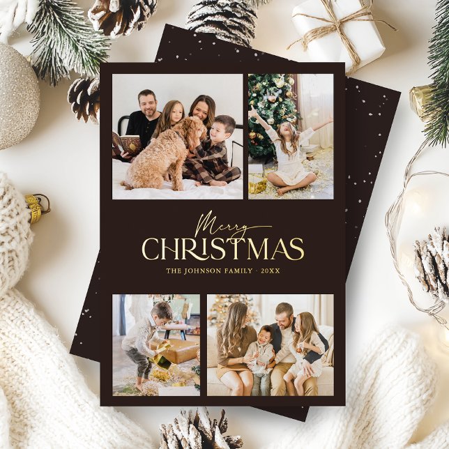 Tarjeta Festiva Con Relieve Metalizado Elegante moderno negro Feliz Navidad Foto Gold (Elegant modern black and gold foil typography Christmas photo card for the modern family)