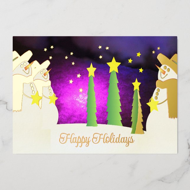 Tarjeta Festiva Con Relieve Metalizado Elegante muñeco de nieve de vacaciones (Anverso)