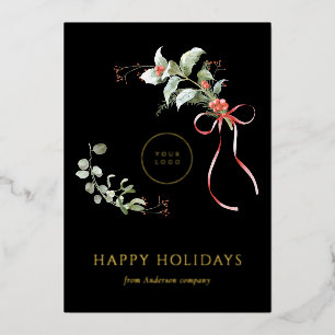 Tarjeta Festiva Con Relieve Metalizado Elegante Navidad Botánica Negocios