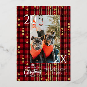 Tarjeta Festiva Con Relieve Metalizado Elegante Navidad de Cuadro Escocés Rojo y Dorado d