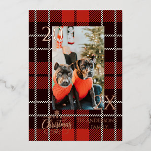 Tarjeta Festiva Con Relieve Metalizado Elegante Navidad de Cuadro Escocés Rojo y Dorado d