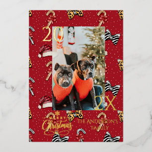 Tarjeta Festiva Con Relieve Metalizado Elegante Navidad de Cuadro Escocés Rojo y Dorado d