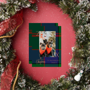 Tarjeta Festiva Con Relieve Metalizado Elegante Navidad de cuadros de Búfalo verde y azul