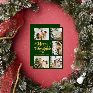 Tarjeta Festiva Con Relieve Metalizado Elegante Navidad Familiar Retro Verde y Dorado Ale