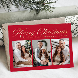 Tarjeta Festiva Con Relieve Metalizado Elegante Navidad Feliz Caligrafía Roja 3 Foto