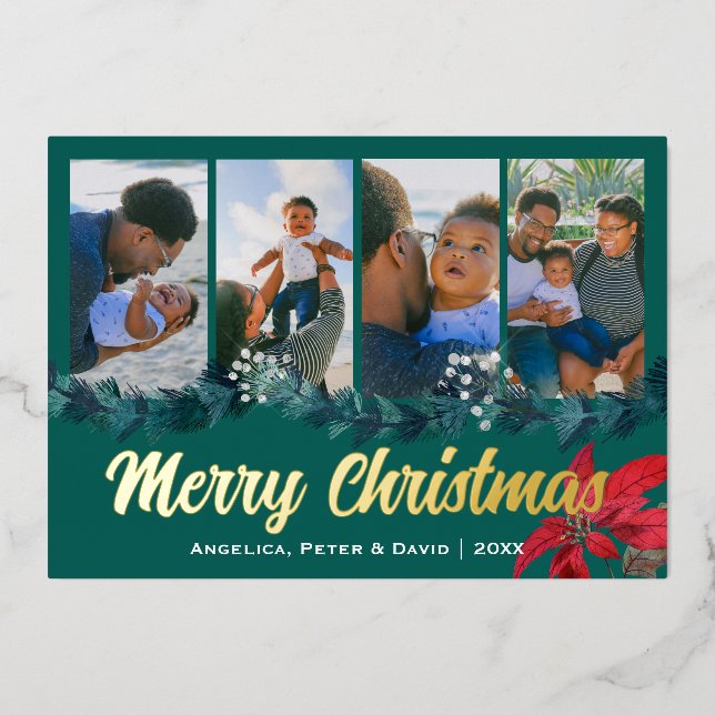 Tarjeta Festiva Con Relieve Metalizado Elegante Navidad Foto Personalizada  (Anverso)