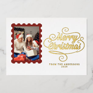 Tarjeta Festiva Con Relieve Metalizado Elegante Navidad Minimalista Foto de Familia Mod
