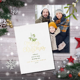 Tarjeta Festiva Con Relieve Metalizado Elegante Navidad Muérdago Foto Dorado