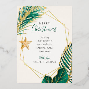 Tarjeta Festiva Con Relieve Metalizado Elegante Navidad Tropical de Playa en Verde y Dora