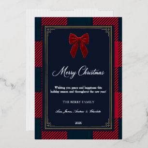 Tarjeta Festiva Con Relieve Metalizado Elegante Navidad y Lazo de Cuadros Búfalo Rojo y A
