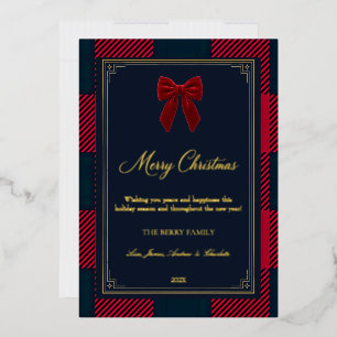 Tarjeta Festiva Con Relieve Metalizado Elegante Navidad y Lazo de Cuadros de Búfalo Rojo