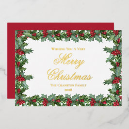 Tarjeta Festiva Con Relieve Metalizado Elegante Navidades Holly y Berries Frame