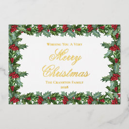 Tarjeta Festiva Con Relieve Metalizado Elegante Navidades Holly y Berries Frame