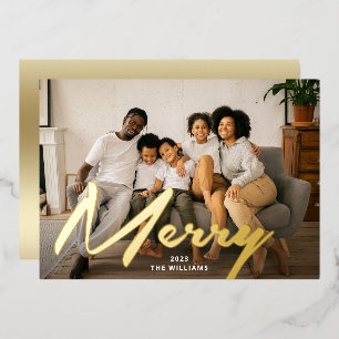 Tarjeta Festiva Con Relieve Metalizado Elegante negrita Merry Brush Script Photo Real Gol