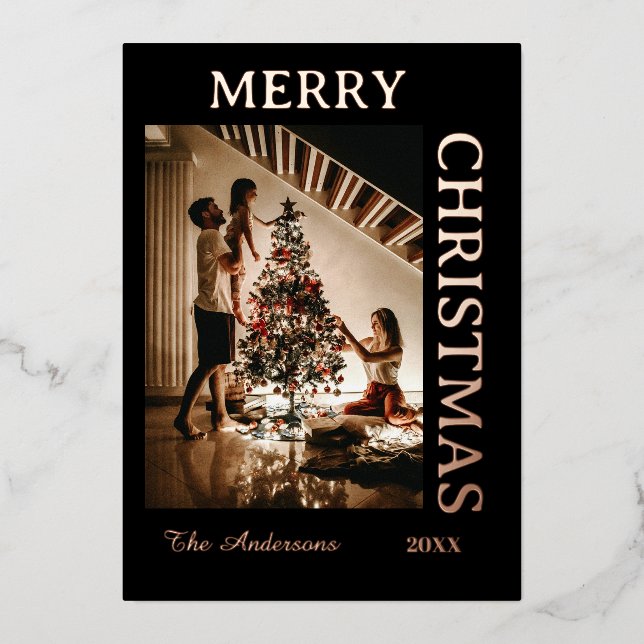 Tarjeta Festiva Con Relieve Metalizado Elegante negro y rosegold (Anverso)