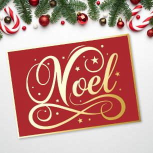 Tarjeta Festiva Con Relieve Metalizado Elegante Noel Script Rojo Dorado Navidad