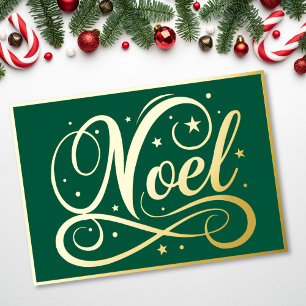 Tarjeta Festiva Con Relieve Metalizado Elegante Noel Script Verde Dorado Navidad