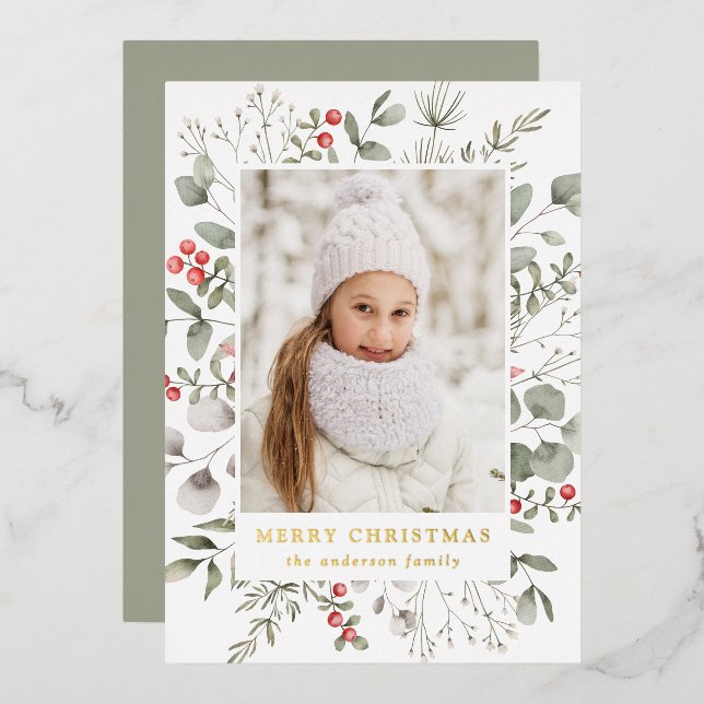 Tarjeta Festiva Con Relieve Metalizado Elegante oliage de invierno y foto de Holly Berrie (Anverso/Reverso)