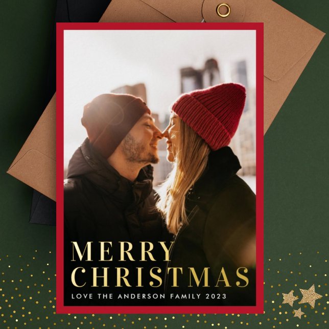 Tarjeta Festiva Con Relieve Metalizado Elegante Oro Feliz Navidad Marco Mínimo Foto (Subido por el creador)