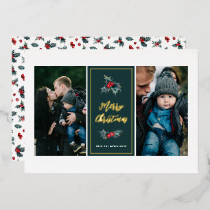 Tarjeta Festiva Con Relieve Metalizado Elegante pintado Holly Dos fotos Feliz Navidad