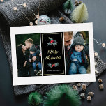 Tarjeta Festiva Con Relieve Metalizado Elegante pintado Holly Dos fotos Feliz Navidad<br><div class="desc">Estas elegantes tarjetas de Navidad cuentan con dos plantillas de fotos y un centro de bloques de color (se muestra en negro - el color se puede personalizar, si se desea). Los elementos de diseño incluyen la lectura de tipografía moderna, "Feliz Navidad" en Relieve metalizado real (elija oro, oro rosa...</div>