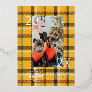 Tarjeta Festiva Con Relieve Metalizado Elegante Plaid de Búfalo Amarillo Navidad