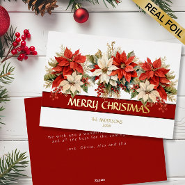 Tarjeta Festiva Con Relieve Metalizado Elegante Poinsettias Feliz Navidad