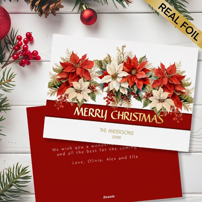 Tarjeta Festiva Con Relieve Metalizado Elegante Poinsettias Feliz Navidad (Subido por el creador)