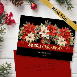 Tarjeta Festiva Con Relieve Metalizado Elegante Poinsettias Feliz Navidad