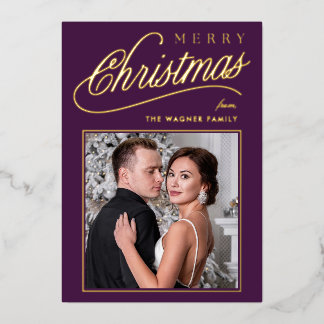 Tarjeta Festiva Con Relieve Metalizado Elegante Purple & Gold Script Merry Christmas Phot