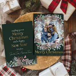 Tarjeta Festiva Con Relieve Metalizado Elegante Real Gold & Botanical Merry Christmas
