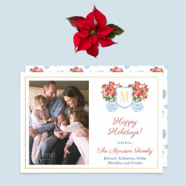 Tarjeta Festiva Con Relieve Metalizado Elegante Red Blue Poinsettia Family Picture Gold