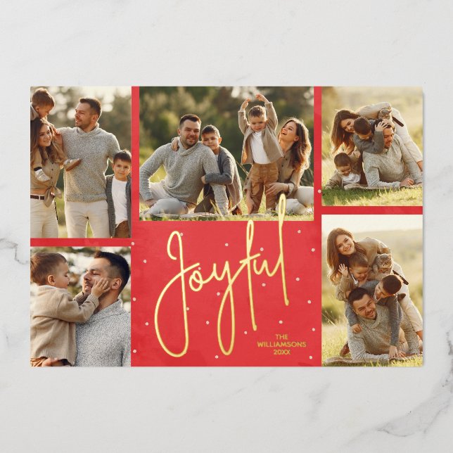 Tarjeta Festiva Con Relieve Metalizado Elegante Red Multi Photo Joyful (Anverso)