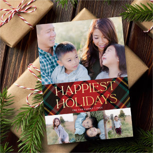 Tarjeta Festiva Con Relieve Metalizado Elegante Red Tartan Navidades Multi-Photo Gold