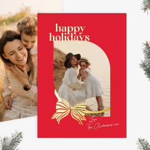 Tarjeta Festiva Con Relieve Metalizado Elegante Red Tied Con Foto De Golpe De Oro