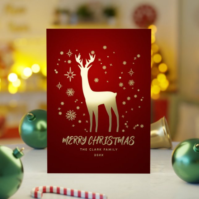 Tarjeta Festiva Con Relieve Metalizado Elegante Red y Gold Reindeer Feliz Navidad (Elegant Red and Gold Reindeer Merry Christmas Foil Holiday Card
)