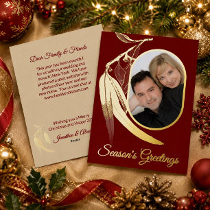 Tarjeta Festiva Con Relieve Metalizado Elegante Rojo Oro Foto Eucalipto Arte Navidad