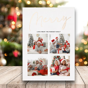 Tarjeta Festiva Con Relieve Metalizado Elegante Rosa de escritura de oro MERRY foto moder