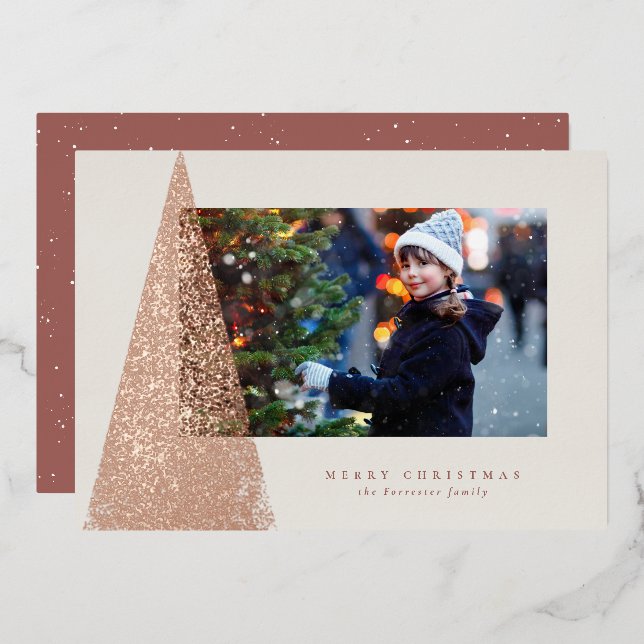 Tarjeta Festiva Con Relieve Metalizado Elegante rosa moderno árbol de Navidad (Anverso/Reverso)