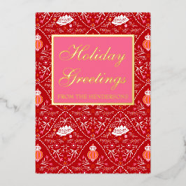 Tarjeta Festiva Con Relieve Metalizado Elegante rosa rojo clásico