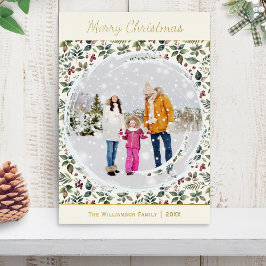 Tarjeta Festiva Con Relieve Metalizado Elegante Rústico Botánico Navideño Bonito