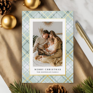 Tarjeta Festiva Con Relieve Metalizado Elegante Sage Green Plaid Family Picture
