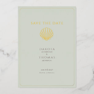 Tarjeta Festiva Con Relieve Metalizado Elegante Save the Date Boda Concha de Oro