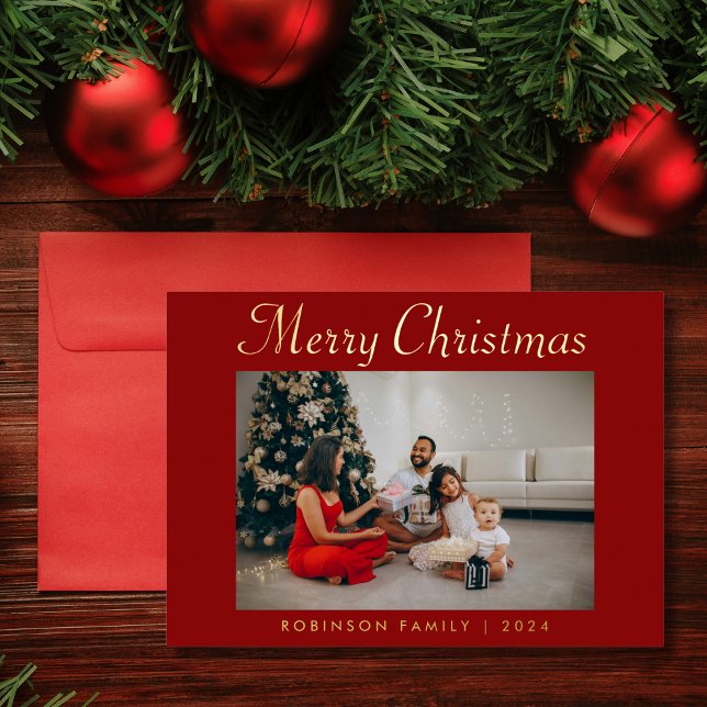 Tarjeta Festiva Con Relieve Metalizado Elegante Script Foto Red Merry Christmas (Subido por el creador)