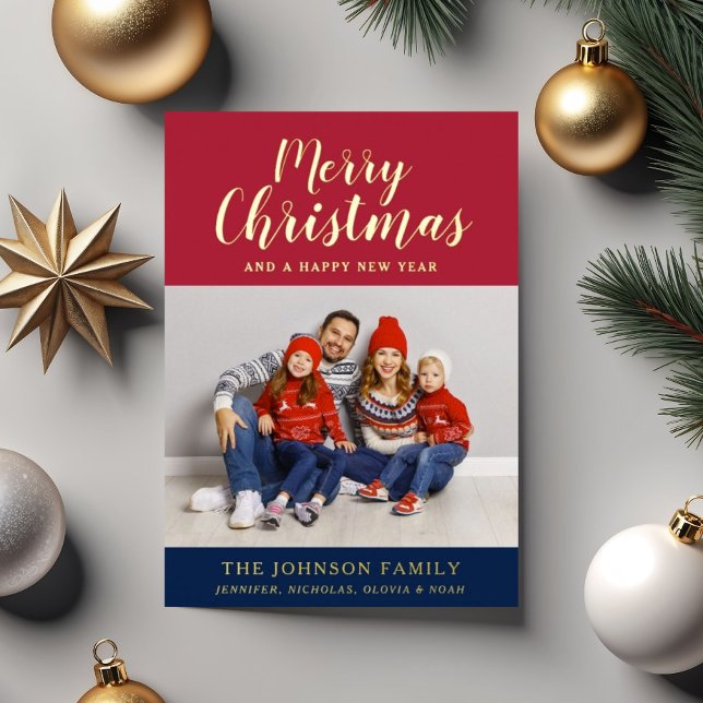 Tarjeta Festiva Con Relieve Metalizado Elegante Script Photo Merry Christmas (Elegant Script Photo Merry Christmas Foil Holiday Card)